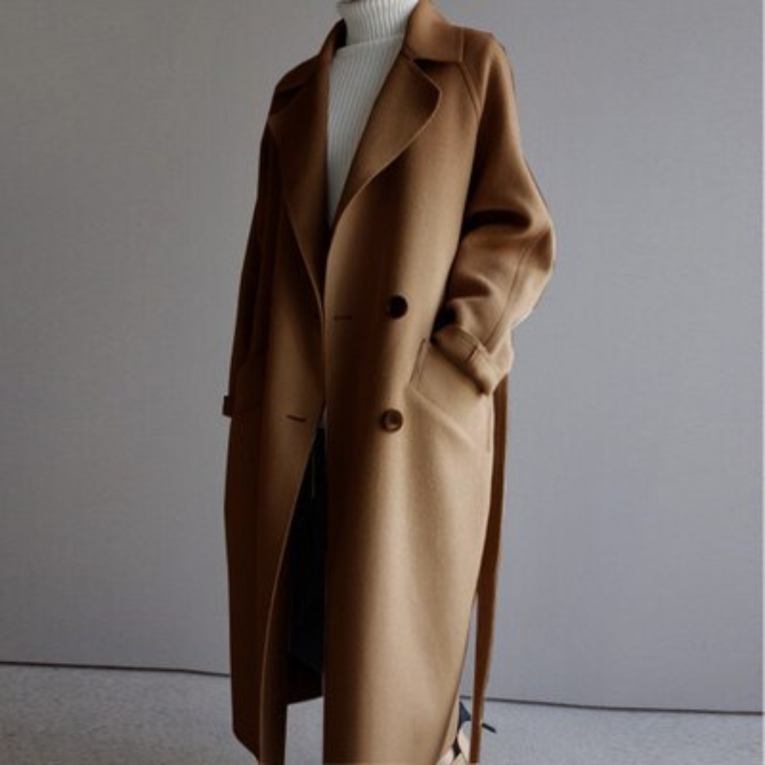 Women's Belted Longline Coat with Oversized Lapels and Pockets