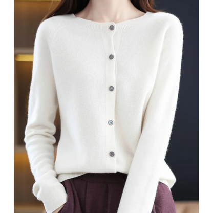 Women's Soft Knit Cardigan with Round Neck and Button Closure
