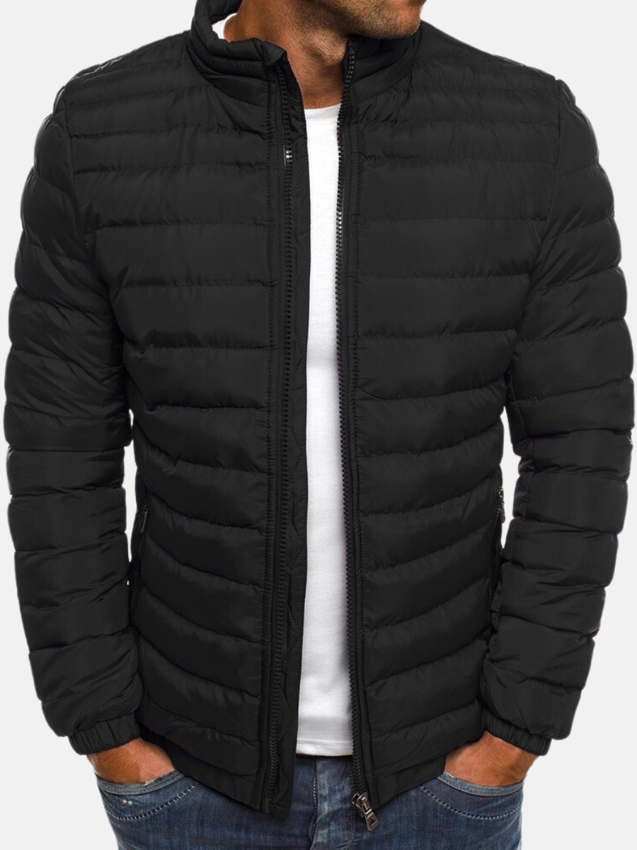 Men's Puffer Bomber Jacket with Zip Closure Stand Collar and Cuffs