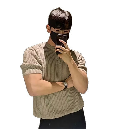 Men’s Vertical Stripe Short Sleeve T-Shirt – Slim Fit & Breathable Ice Silk