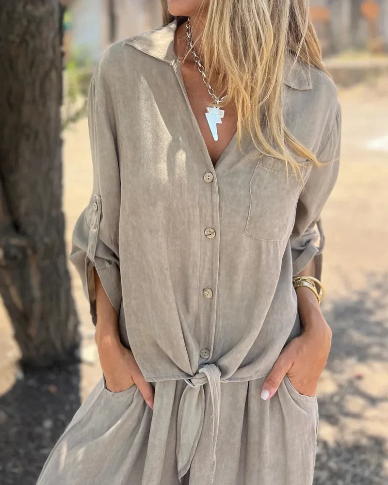 Women's Button-Front Two-Piece Set with Tie Waist and Wide-Leg Pants