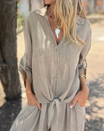 Women's Button-Front Two-Piece Set with Tie Waist and Wide-Leg Pants