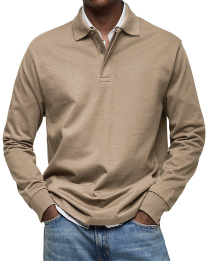 Men's Long Sleeve Polo Shirt with Button Collar and Cuffed Hem