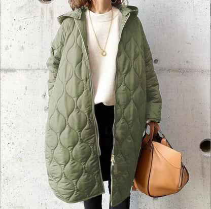 Women's Quilted Hooded Coat with Full Zip and Long Silhouette