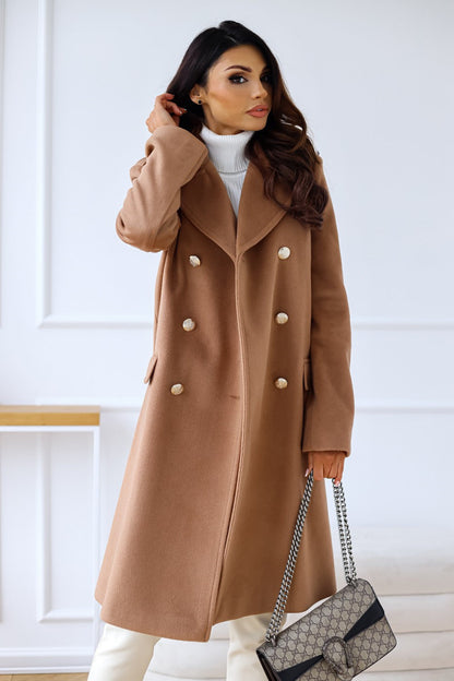 Women's Double-Breasted Long Coat with Gold Button Accents