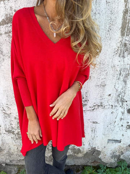 Women’s Oversized V-Neck Shirt with Drop Shoulders and Long Sleeves