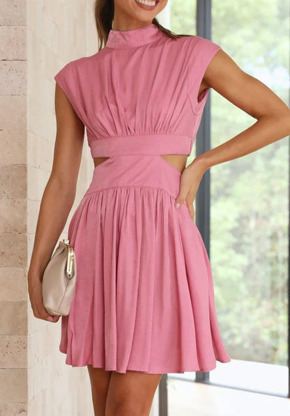 Women's High Neck Cutout Mini Dress with Pleated Skirt