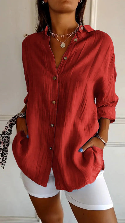Women's Button-Down Shirt with Lapel and Long Sleeves
