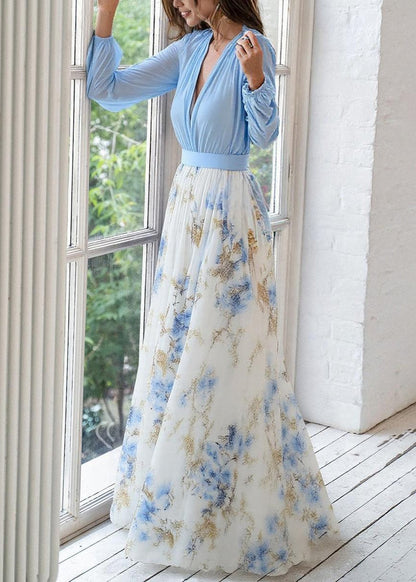 Women's Elegant V-Neck Maxi Dress with Long Sleeves and Floral Skirt