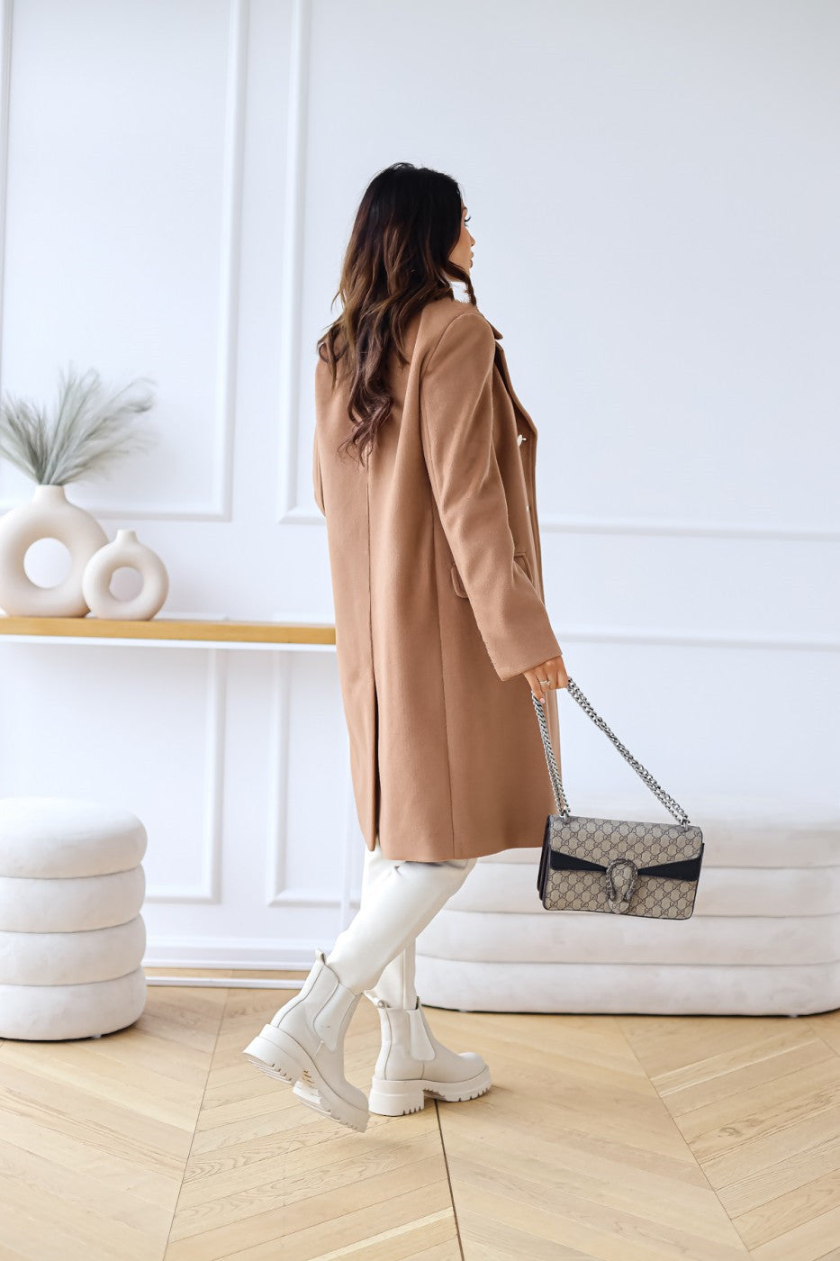 Women's Double-Breasted Long Coat with Gold Button Accents