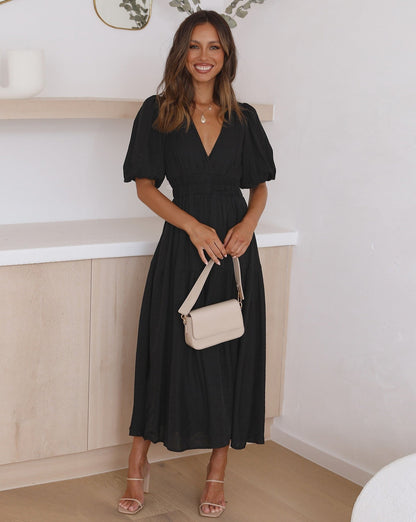 Women’s V-Neck Midi Dress with Tiered Hem and Short Puff Sleeves