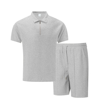 Men’s Solid Color Polo Collar T-Shirt & Shorts Set – Casual Leisure Outfit
