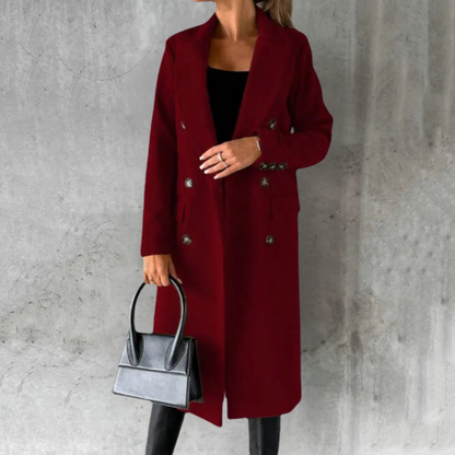 Women's Long Double-Breasted Trench Coat with Button Cuffs