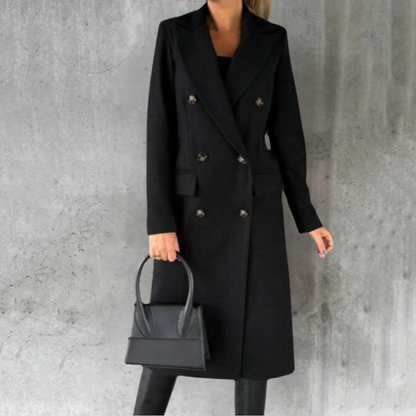 Women's Long Double-Breasted Trench Coat with Button Cuffs