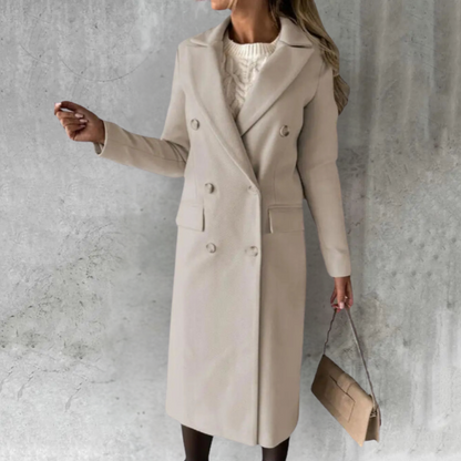 Women's Long Double-Breasted Trench Coat with Button Cuffs