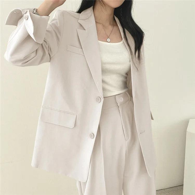 Women’s Tailored Two Piece Suit Set with Long Blazer and Straight-Leg Trousers