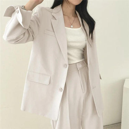Women’s Tailored Two Piece Suit Set with Long Blazer and Straight-Leg Trousers
