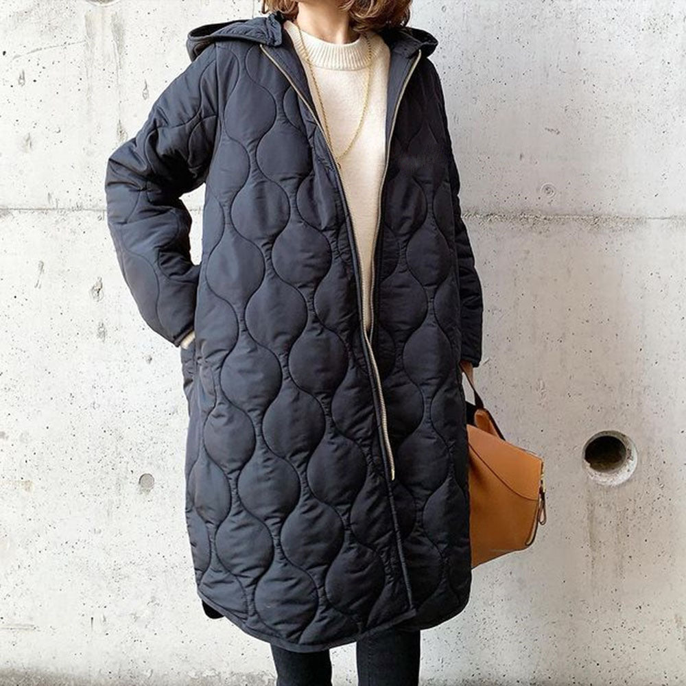 Women's Quilted Hooded Coat with Full Zip and Long Silhouette