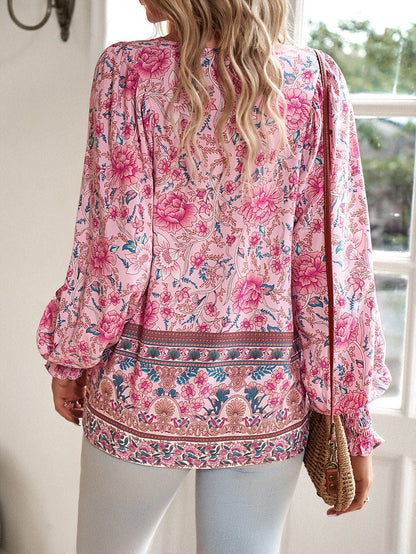 Women's Boho Floral Tunic Top with Long Sleeves and V-Neck Tie