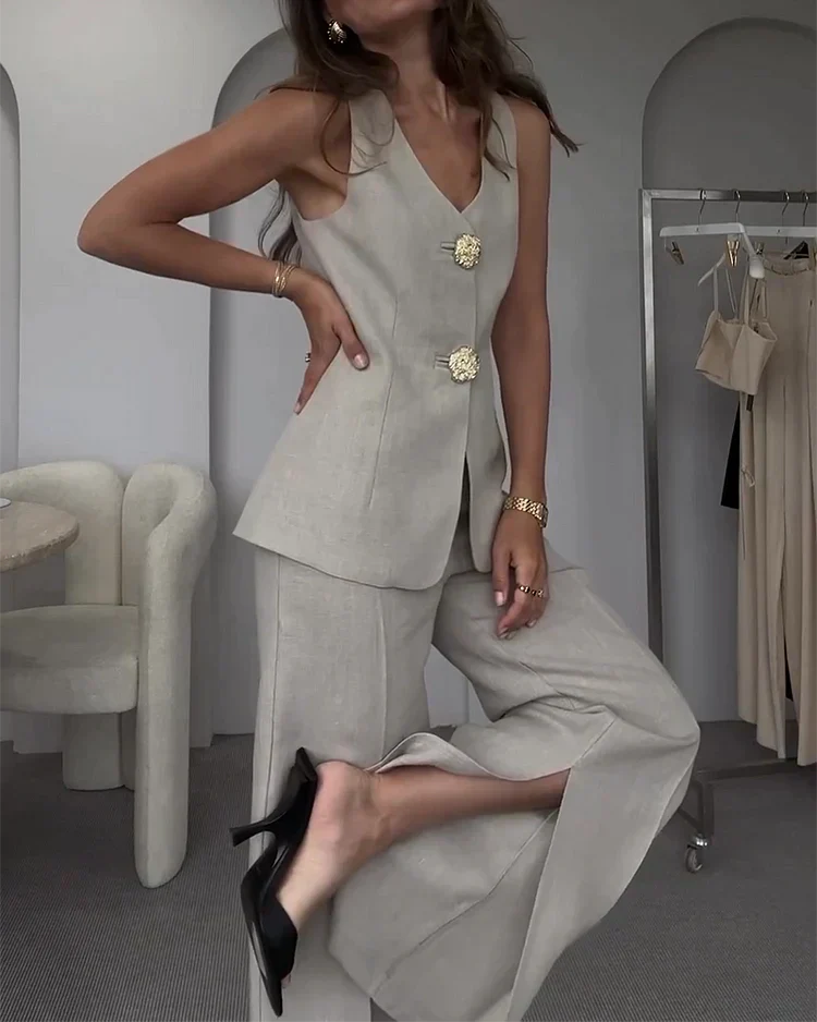 Women’s Two-Piece Suit Set with Sleeveless Blazer and Wide-Leg Pants