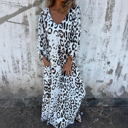 Women's V-Neck Maxi Dress with Animal Print and Long Sleeves