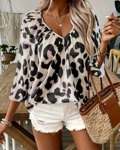 Women's Leopard Print Long-Sleeve Blouse with Gathered Neckline