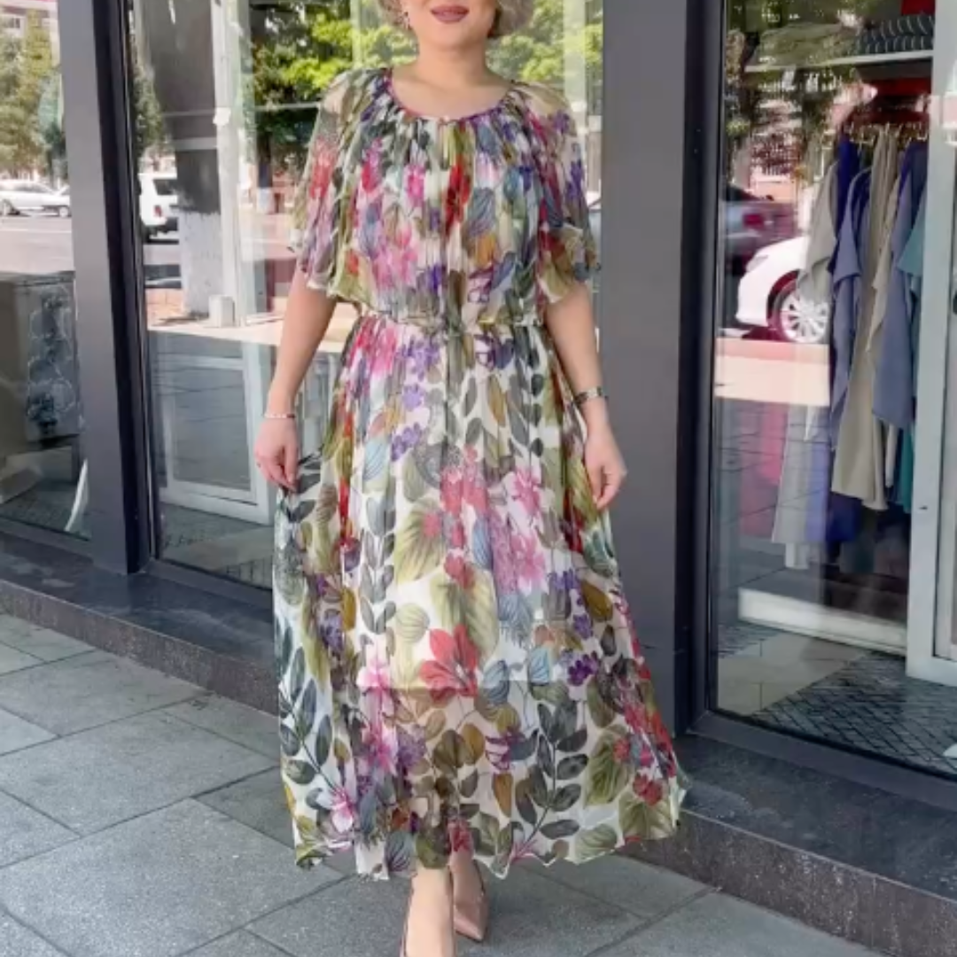 Women's Floral Maxi Dress with Gathered Neckline