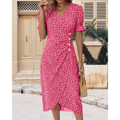 Summer Midi Dress for Women with Puff Sleeves and Buttons