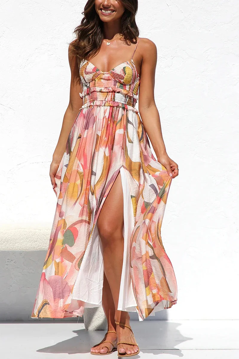 Women's Printed Maxi Dress with Spaghetti Straps and Side Slit