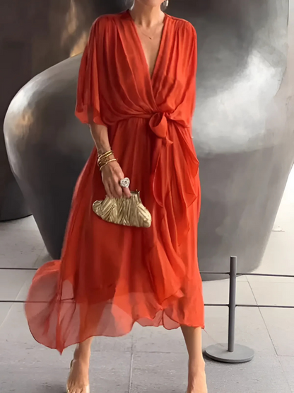 Lightweight Midi Dress with V Neck and Draped Sleeves for Women
