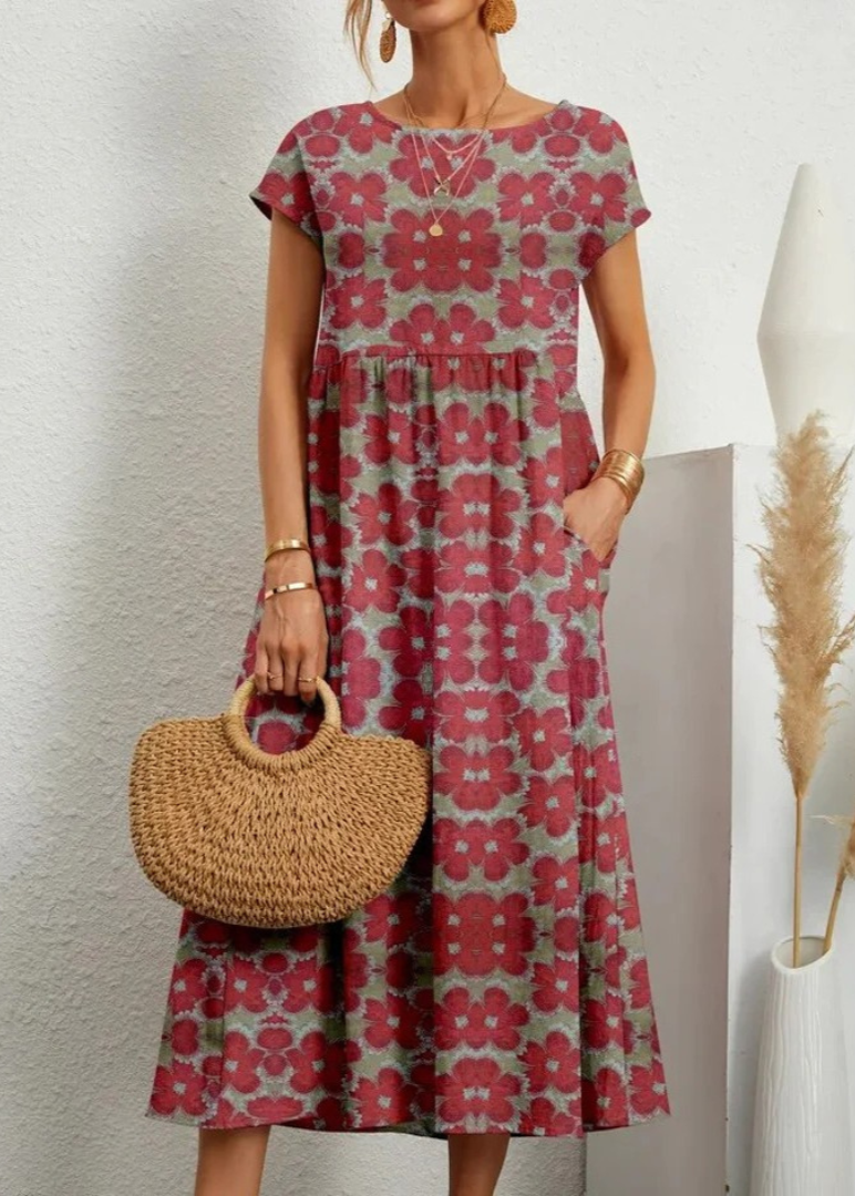 Women's Boho Floral Maxi Dress with Short Sleeves and Side Pockets