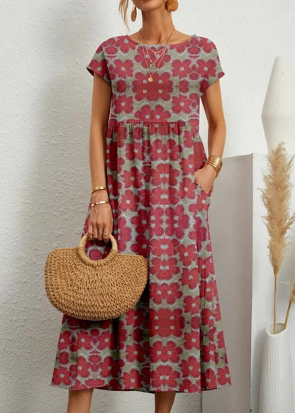Women's Boho Floral Maxi Dress with Short Sleeves and Side Pockets