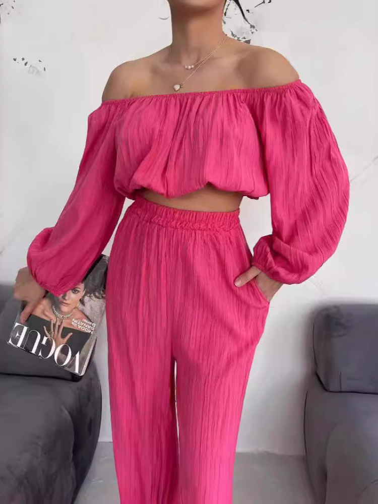 Women's Off-Shoulder Crinkled Two-Piece Set with Long Sleeves and Wide Pants