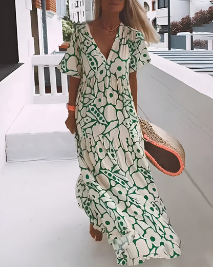 Women's Short-Sleeve V-Neck Maxi Dress with Graphic Floral Print