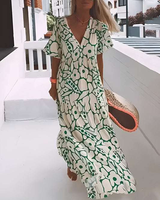 Women's Short-Sleeve V-Neck Maxi Dress with Graphic Floral Print