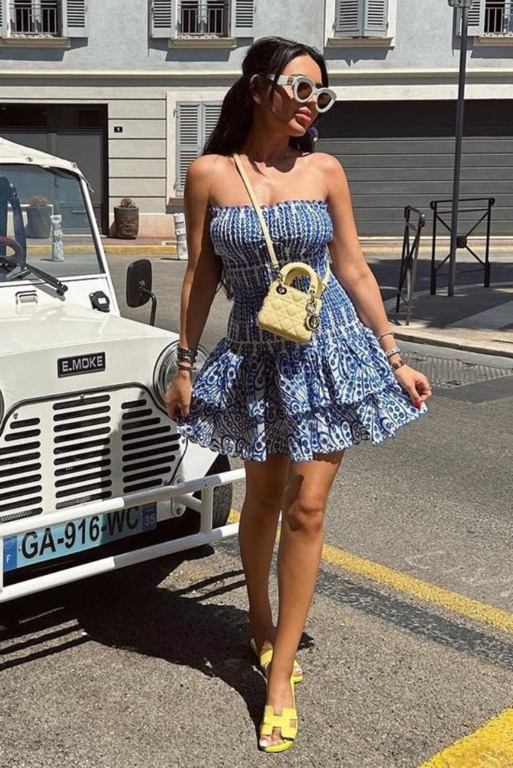 Women's Strapless Ruched Mini Dress with Ruffle Tiered Skirt