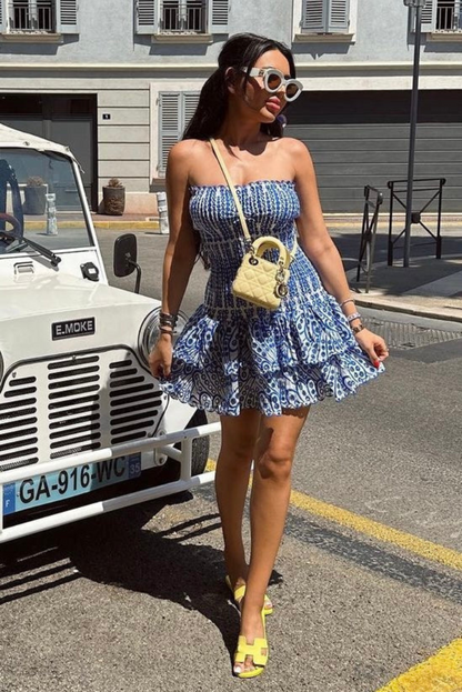 Women's Strapless Ruched Mini Dress with Ruffle Tiered Skirt