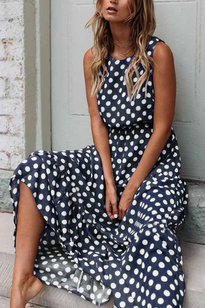 Women's Sleeveless Polka Dot Maxi Dress with Relaxed Fit