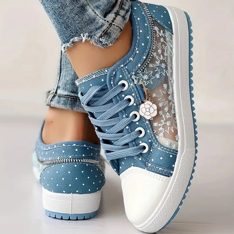 Women's Casual Sneakers with Lace Mesh and Polka Dot Design