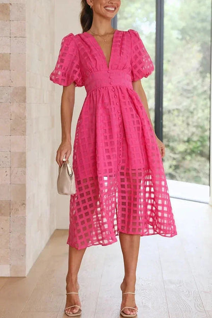 Women's Midi Dress with Puff Sleeves and Grid Pattern