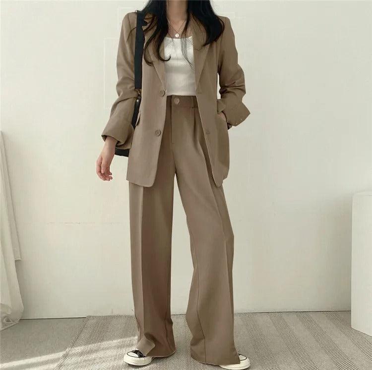 Women’s Tailored Two Piece Suit Set with Long Blazer and Straight-Leg Trousers