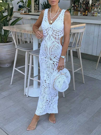 Women’s Crochet Beach Maxi Dress with V-Neck and Hollow Design