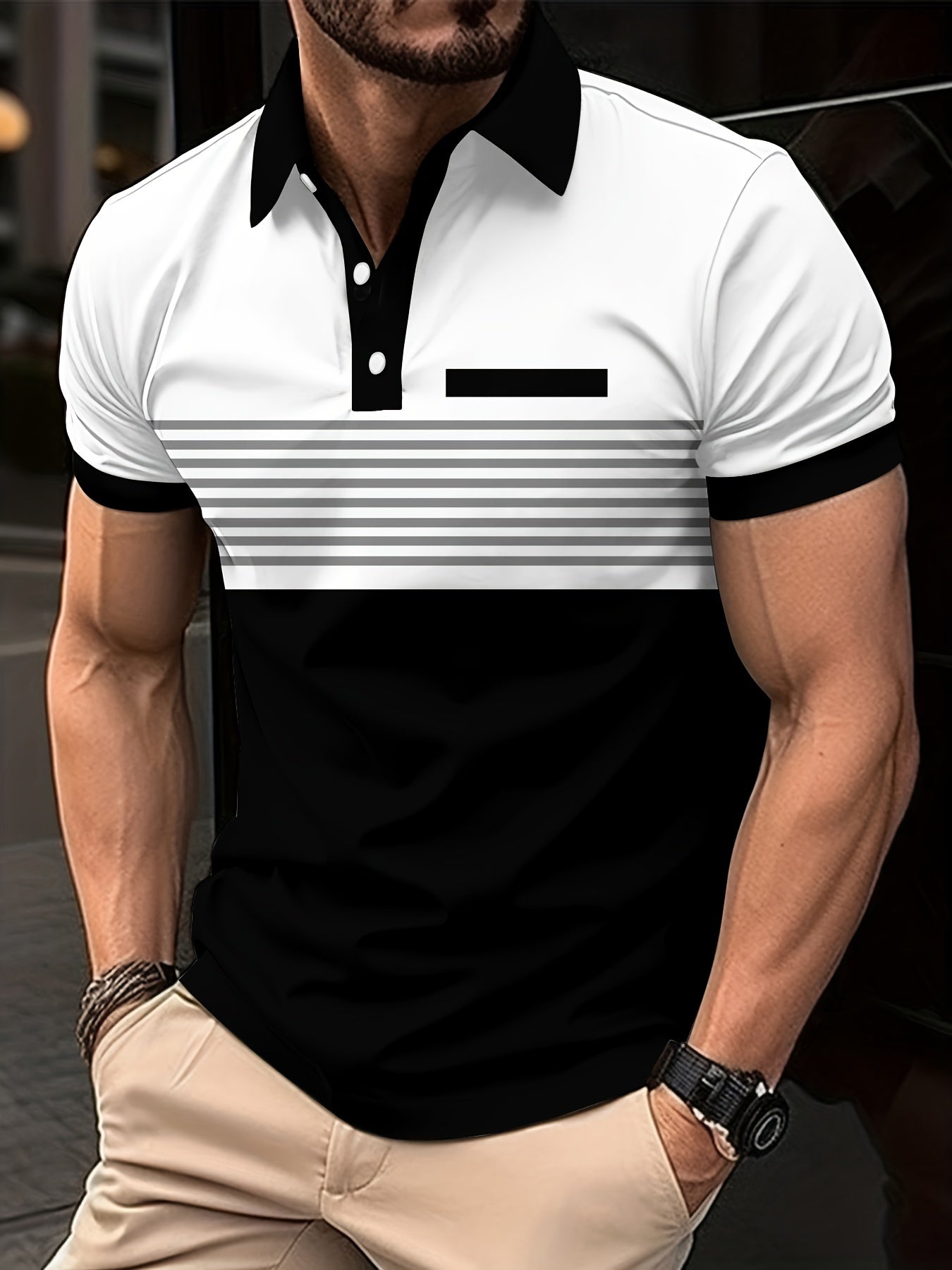 Men's Slim Fit Short Sleeve Polo Shirt with Striped Colorblock Design
