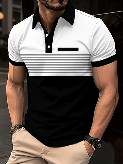 Men's Slim Fit Short Sleeve Polo Shirt with Striped Colorblock Design