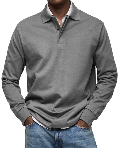 Men's Long Sleeve Polo Shirt with Button Collar and Cuffed Hem