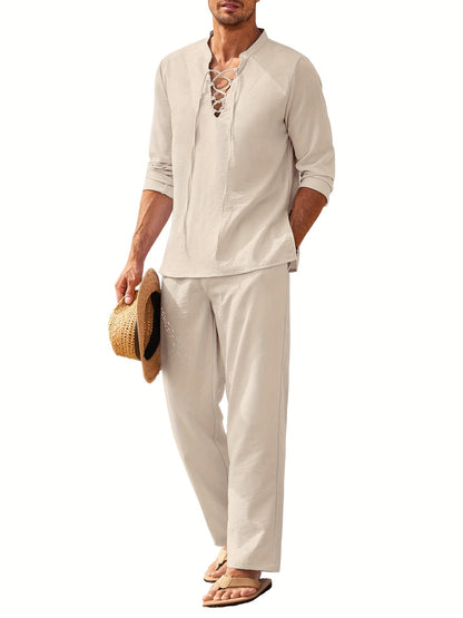 Men's Lace Up Long Sleeve Shirt and Relaxed Pants Two Piece Set