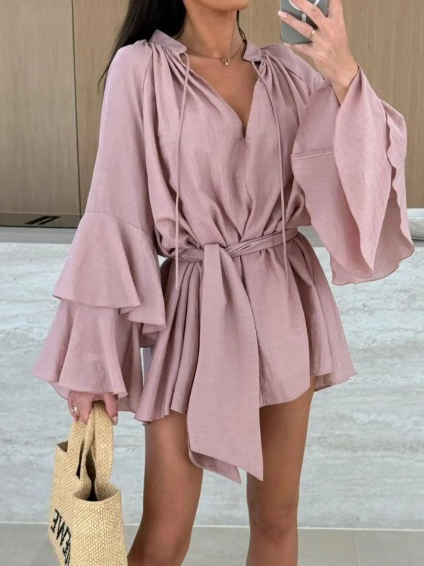 Women's V-Neck Mini Dress with Tiered Sleeves and Waist Tie Detail