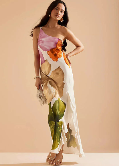 Women's One-Shoulder Asymmetric Maxi Dress with Abstract Print