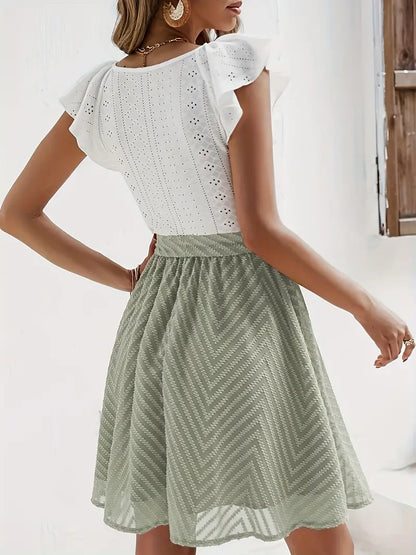Women's Two-Tone Mini Dress with Eyelet Top and Waist Tie Skirt
