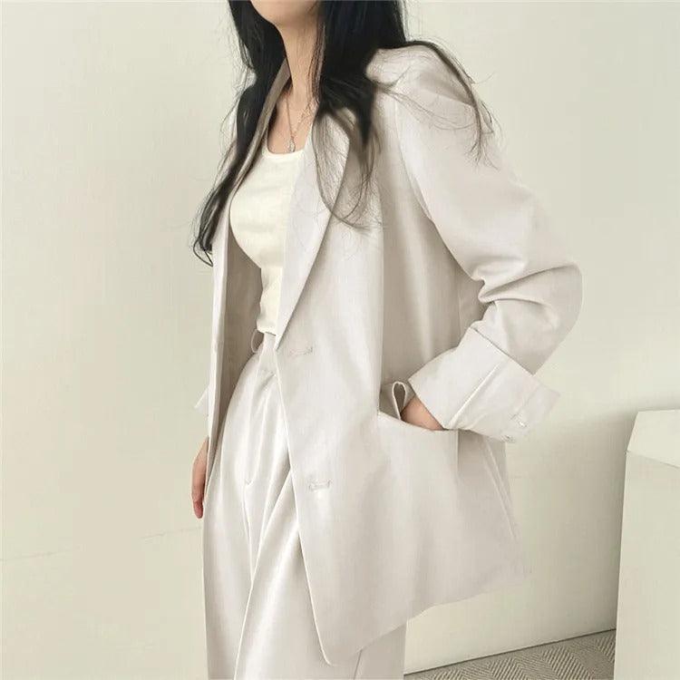 Women’s Tailored Two Piece Suit Set with Long Blazer and Straight-Leg Trousers